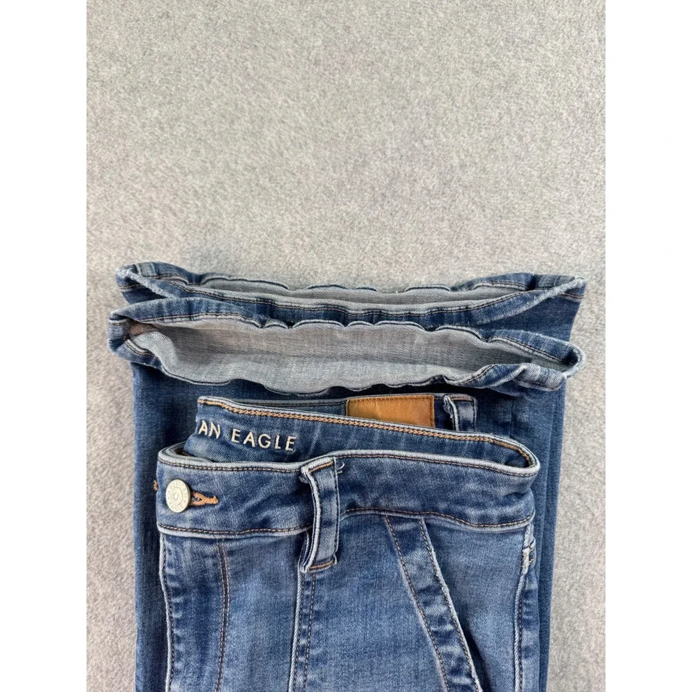 American Eagle Super High Rise Flare Jeans 12 Long Next Level Stretch Blue Patch